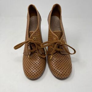 Tory Burch Brown Tan Lace Up Victor Perforated Wedge Booties Size 9.5M